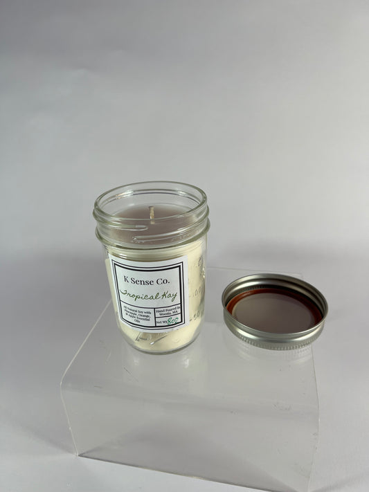 8 oz Repurposed Mason Jar Candle in Tropical Kay