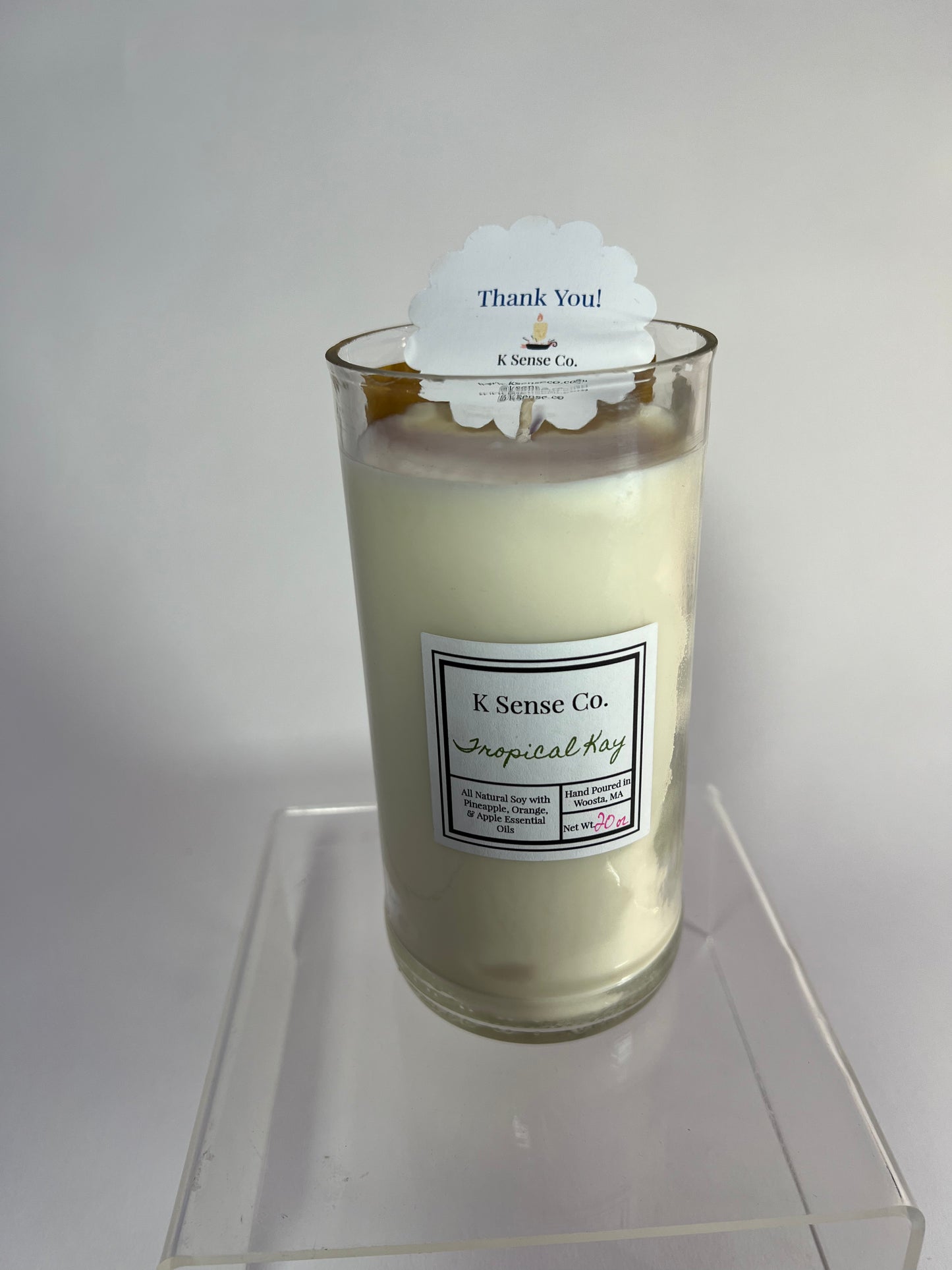 20 oz Candle in Tropical Kay in a repurposed Tito’s bottle