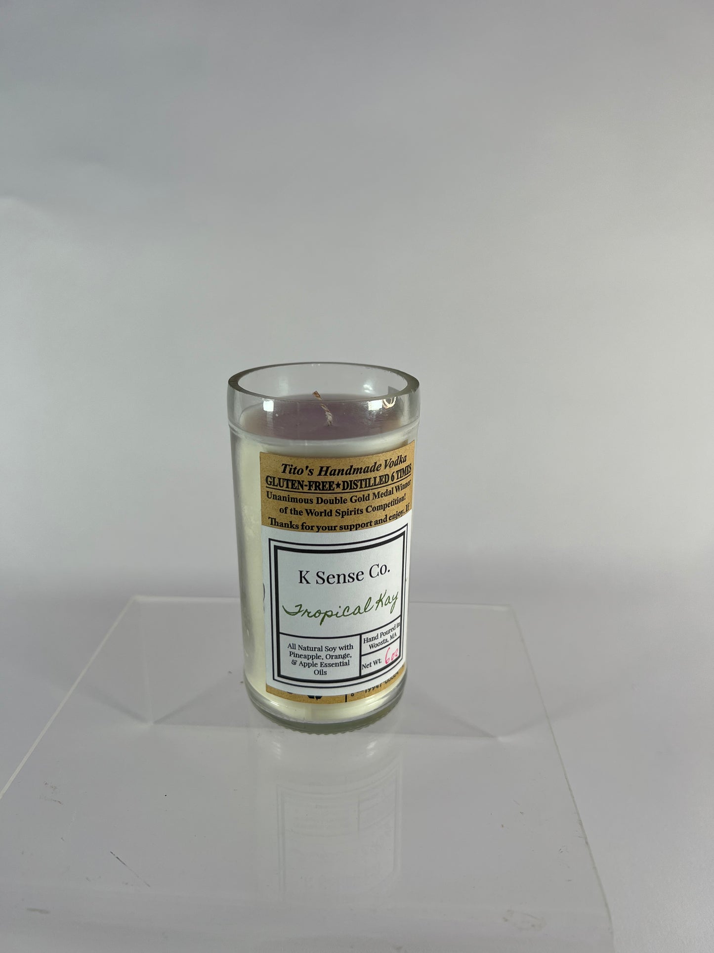 6 oz Candle in Tropical Kay in a Repurposed Tito’s Mini