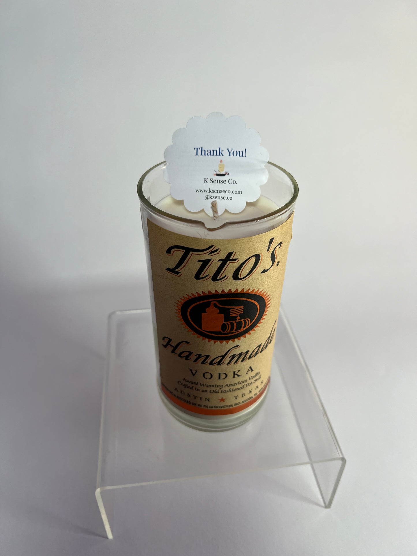 20 oz Candle in Tropical Kay in a repurposed Tito’s bottle